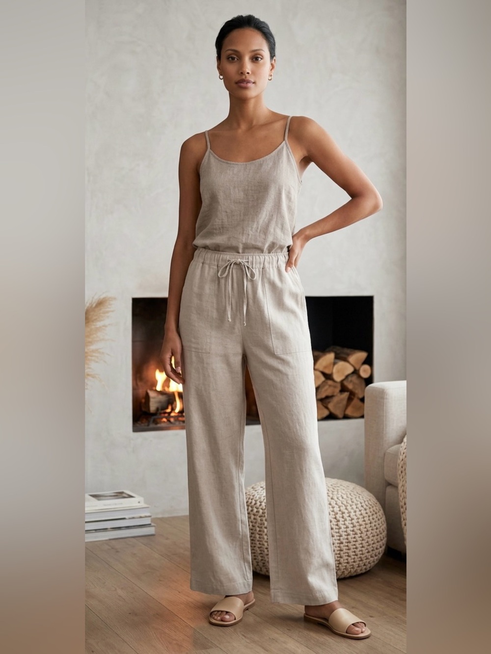 Three Dots Linen Blend Wide Leg Drawstring Pants Beige Size L NWOT
